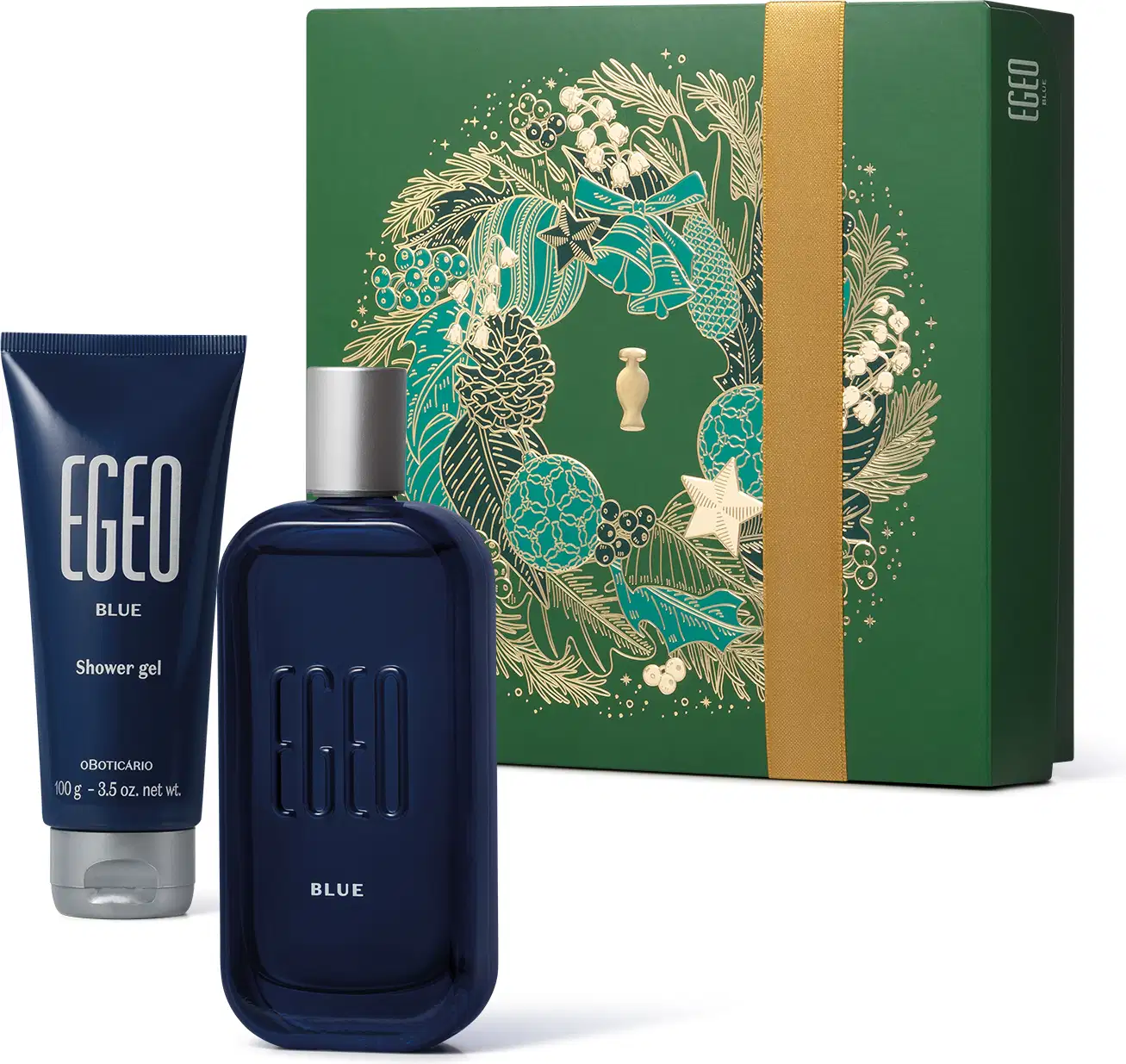 Imagem do Kit Presente Natal Egeo Blue com um vidro azul-marinho de cantos arredondados e tampa prateada de desodorante colônia, uma bisnaga azul-marinho e prata de shower gel e uma caixa verde presenteável com estampa natalina.