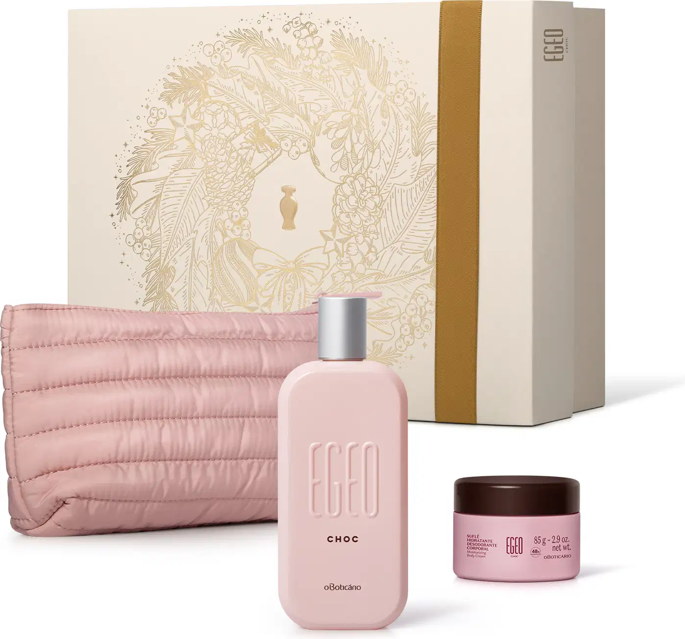 Imagem do Kit Presente Natal Egeo Choc com um vidro rosa-claro de desodorante colônia, um pote rosa com tampa vinho de suflê hidratante corporal, um nécessaire rosa e uma caixa rosa-claro presenteável com ilustração floral.