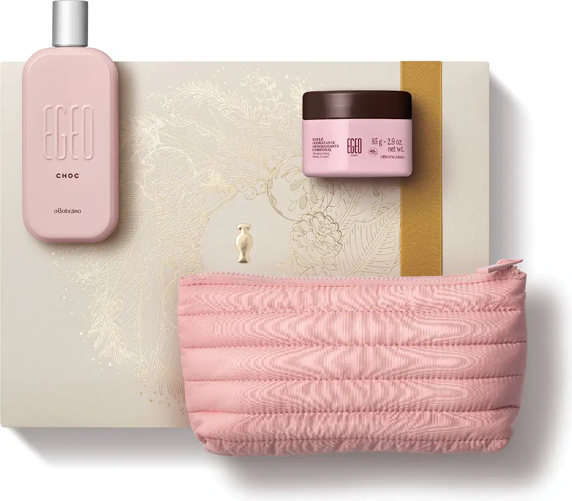 Imagem do Kit Presente Natal Egeo Choc com um vidro rosa-claro de desodorante colônia, um pote rosa com tampa vinho de suflê hidratante corporal e um nécessaire rosa sobre uma caixa rosa-claro presenteável com ilustração floral.