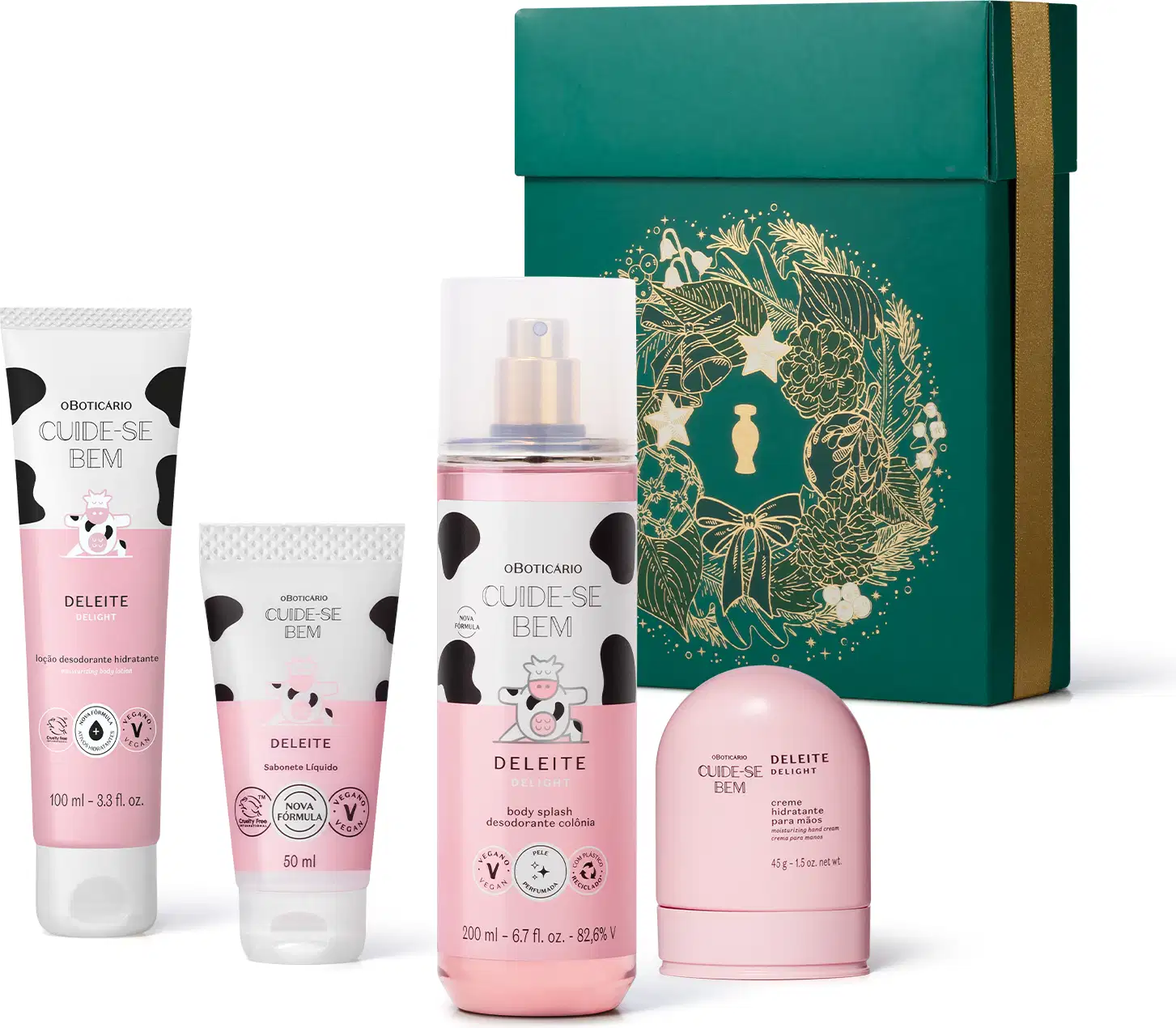 Kit natalino com 4 produtos da marca Cuide-se bem Deleite, incluindo bisnaga de creme hidratante, frasco body spray, creme para mãos e uma bisnaga de sabonete líquido. Acompanha caixa de presente verde com fita dourada e ilustrações douradas.