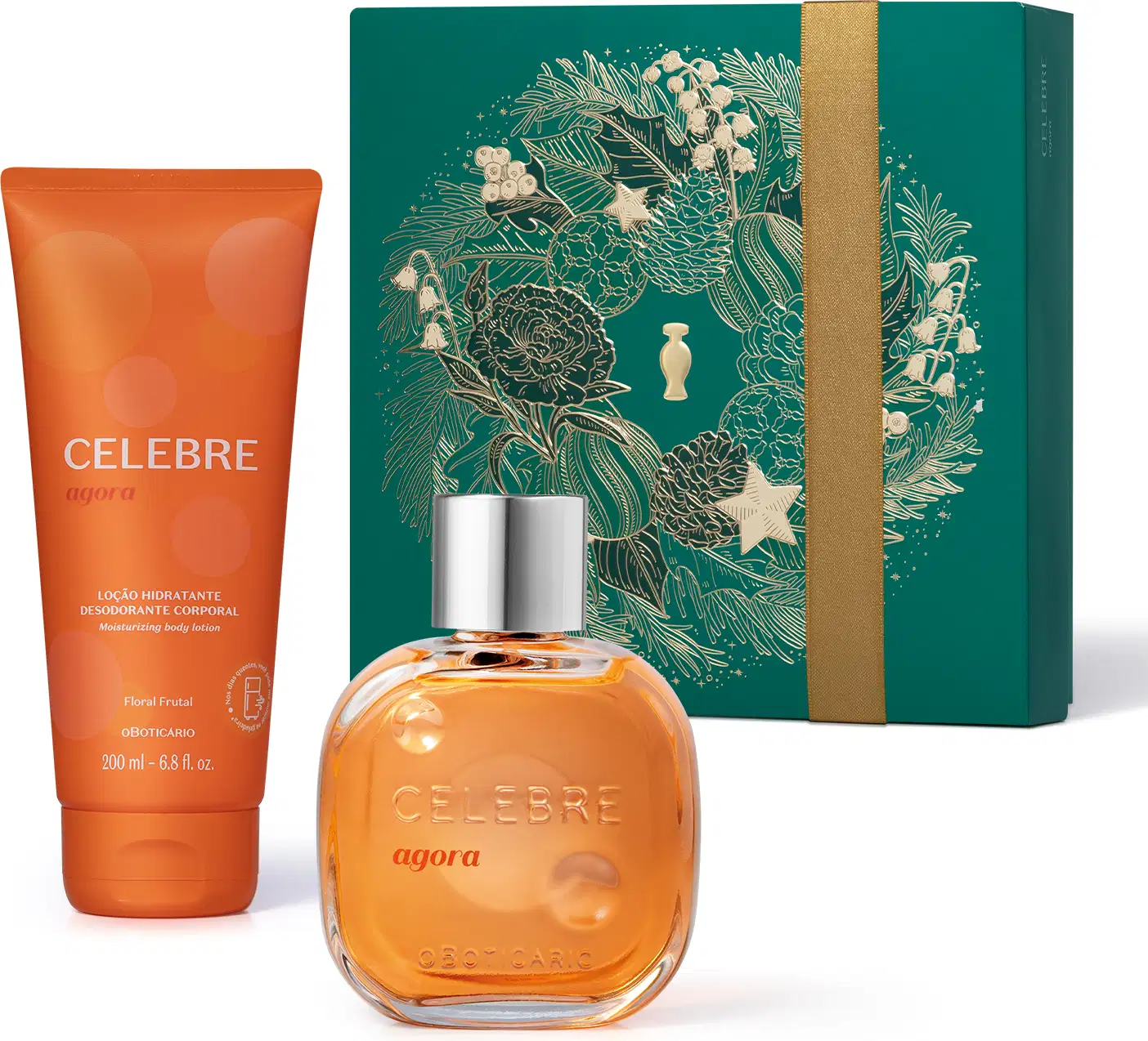 Imagem do Kit Presente Natal Celebre Agora com um vidro redondo com líquido laranja e tampa dourada de desodorante colônia, uma bisnaga laranja de loção hidratante corporal e uma caixa verde presenteável com estampa natalina.