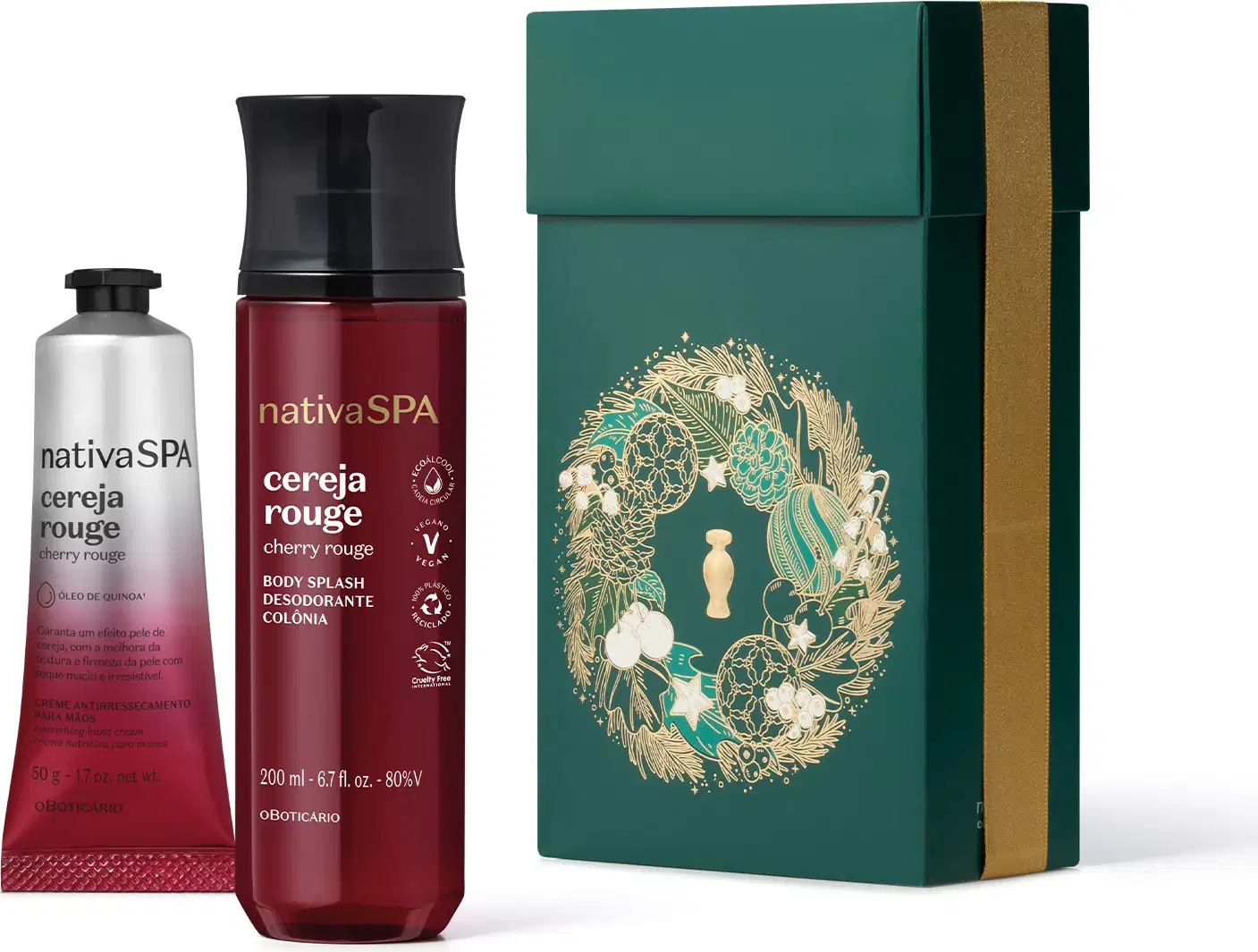 Conjunto de produtos Nativa SPA, incluindo um frasco de creme corporal "Cereja Rouge" em vermelho e uma caixa verde com detalhes dourados, exibindo uma ilustração floral.