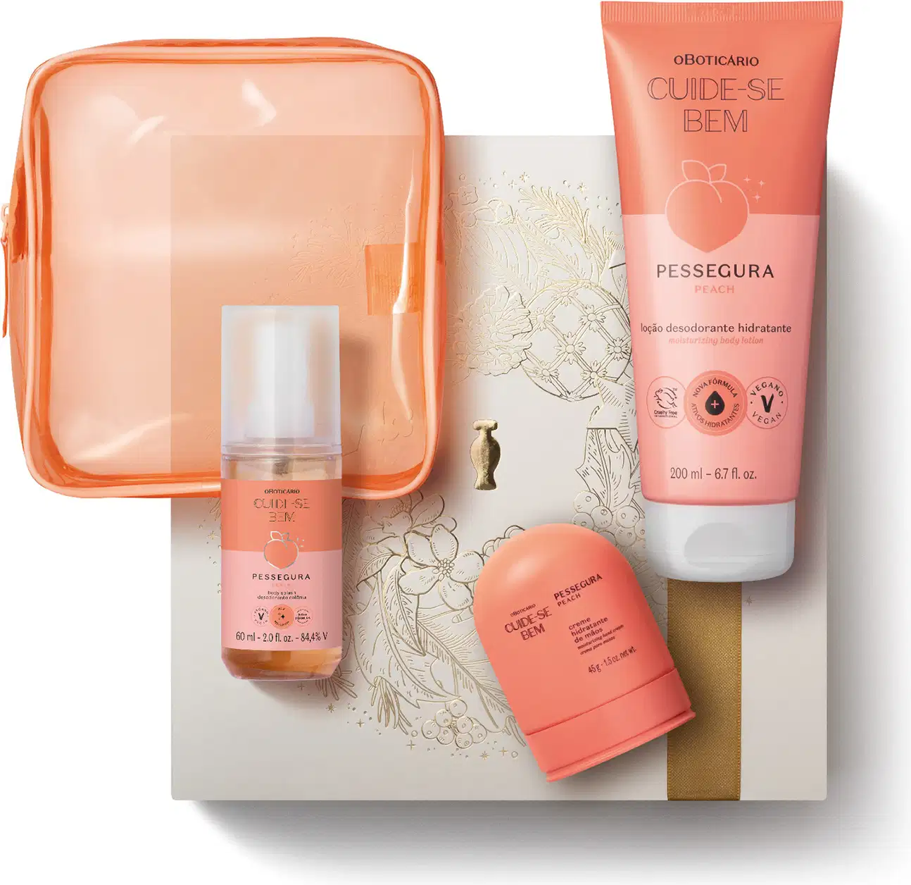 Kit natalino com 4 produtos da marca Cuide-se bem Pessegura, incluindo bisnaga de creme hidratante, frasco body spray, creme para mãos e um nécessaire em material plástico na cor laranja com transparência sobre caixa de presente branca e dourada.