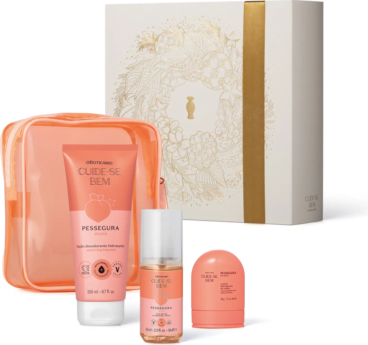 Kit natalino com 4 produtos da marca Cuide-se bem Pessegura, incluindo bisnaga de creme hidratante, frasco body spray, creme para mãos e um nécessaire em material plástico na cor laranja com transparência. Acompanha caixa de presente branca e dourada.