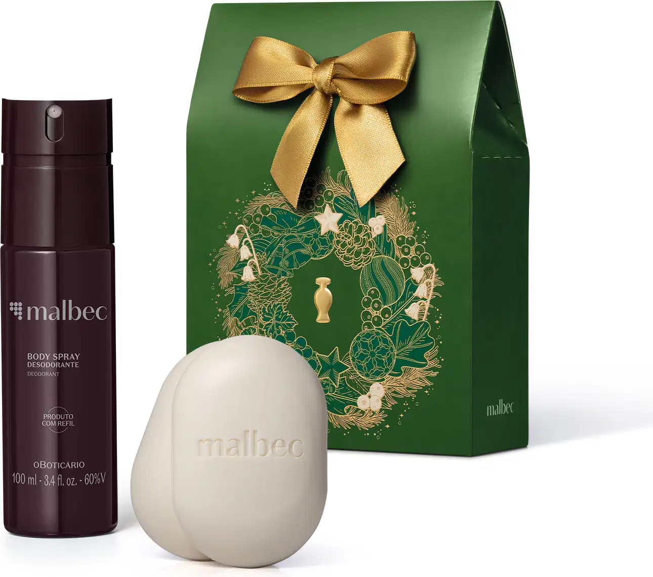 Imagem do Kit Presente Natal Malbec Cuidados com frasco vinho e cinza de body spray, dois sabonetes em barra brancos e uma sacola presenteável verde com estampa natalina.