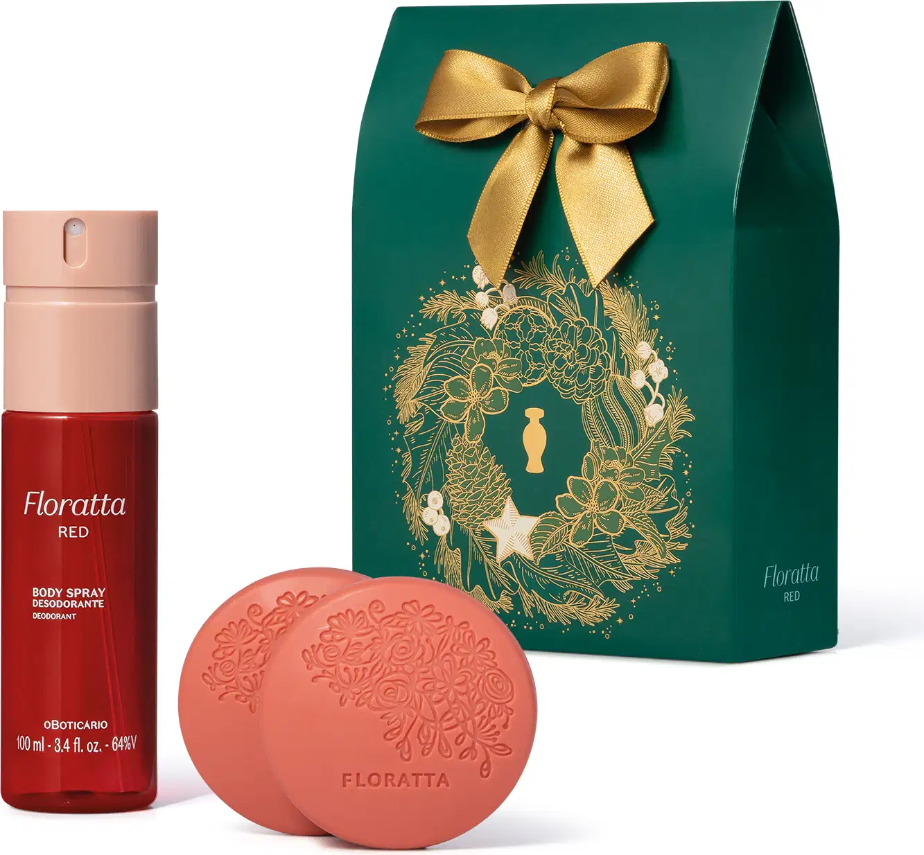 Conjunto de item de perfumaria Floratta Red, composto por frasco de spray corporal vermelho e duas barras de sabonete em formato redondo na cor coral, acompanhados de caixa verde com laço dourado e ilustração natalina dourada.