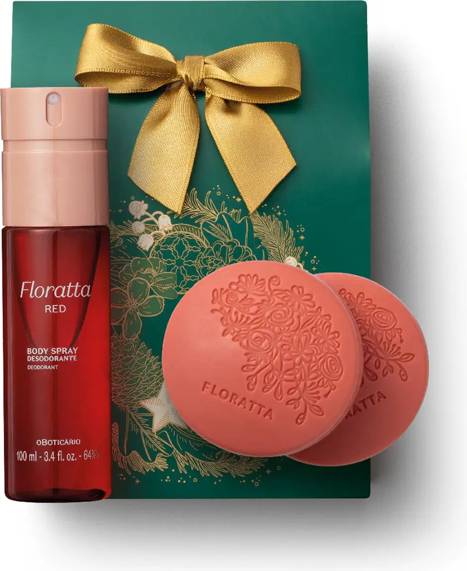 Conjunto de item de perfumaria Floratta Red, composto por frasco de spray corporal vermelho e duas barras de sabonete em formato redondo na cor coral, acompanhados de caixa verde com laço dourado e ilustração natalina dourada.