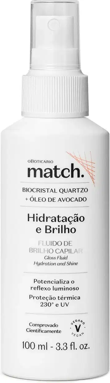 Imagem de um frasco branco com pulverizador da marca Match, contendo fluido para hidratação e brilho capilar, com informações sobre ingredientes e benefícios impressas no rótulo em letras pretas.