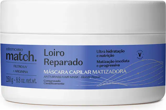 Imagem de um pote branco de máscara capilar matizadora da marca Match, com rótulo azul contendo o texto "Loiro Reparado" e informações sobre hidratação e nutrição.