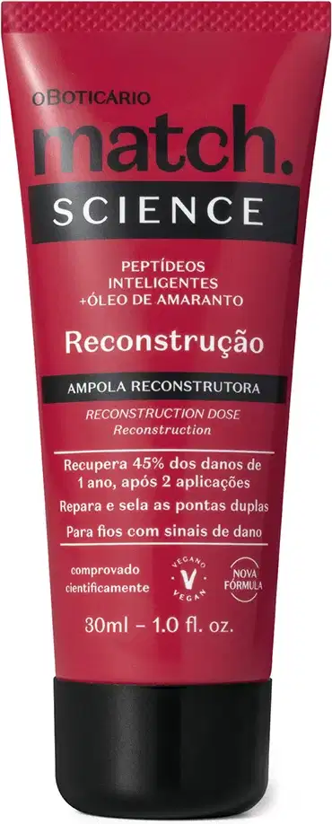Imagem de uma bisnaga vermelha com rótulo da marca Match Science, contendo informações sobre produto reconstrutor para cabelos.