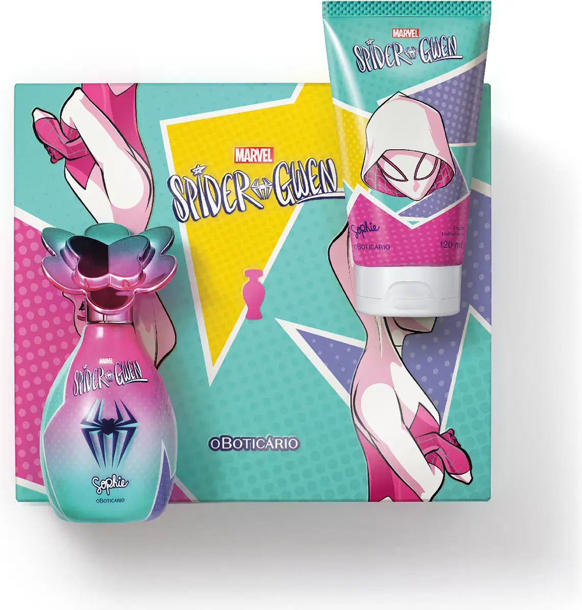 Kit presenteável de itens de perfumaria da marca Sophie Marvel Spider-Gwen, com frasco de colônia infantil em cores rosa, azul e violeta com tampa em formato de flor e bisnaga de creme corporal rosa, azul e violeta sobre caixa com ilustrações coloridas.