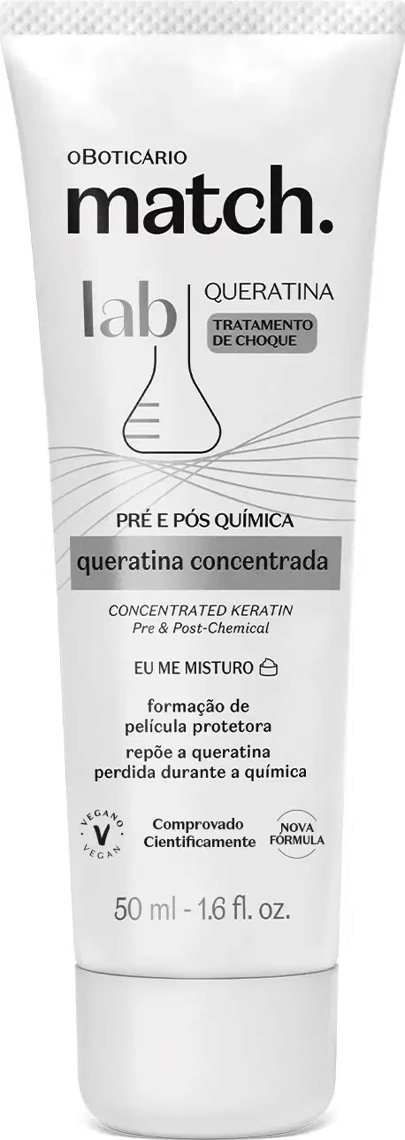 Imagen de uma bisnaga branca com rótulo preto e branco da marca Match Lab, contendo tratamento de choque com queratina concentrada para pré e pós-química. O produto possui 50ml.