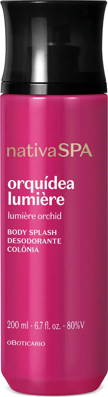 Frasco cilíndrico de item de perfumaria da marca Nativa SPA Orquídea Lumière, na cor rosa vibrante, com tampa preta e informações sobre o produto gravadas em branco na embalagem.
