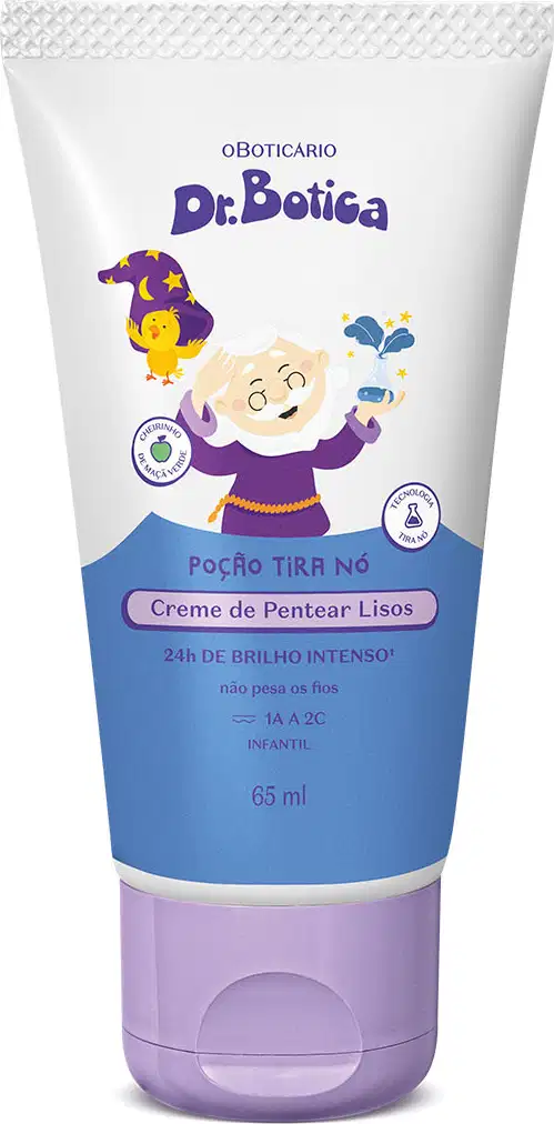 Creme de pentear infantil da marca Dr. Botica, em bisnaga branca e azul com detalhes em roxo, com texto "Poção tira nó" e informações sobre brilho intenso e uso infantil. Personagem do Mago Dr. Botica está ilustrado na embalagem.
