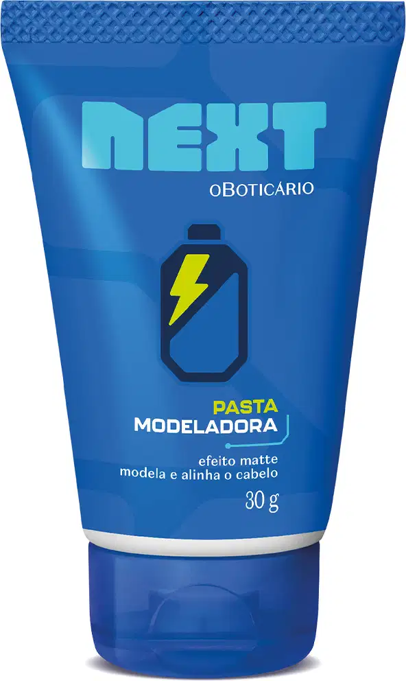Bisnaga de desodorante em creme da marca Next na cor azul escuro e ilustração de bateria em azul claro com um raio amarelo dentro e informações sobre tecnologia SmartShield escritas no rótulo.