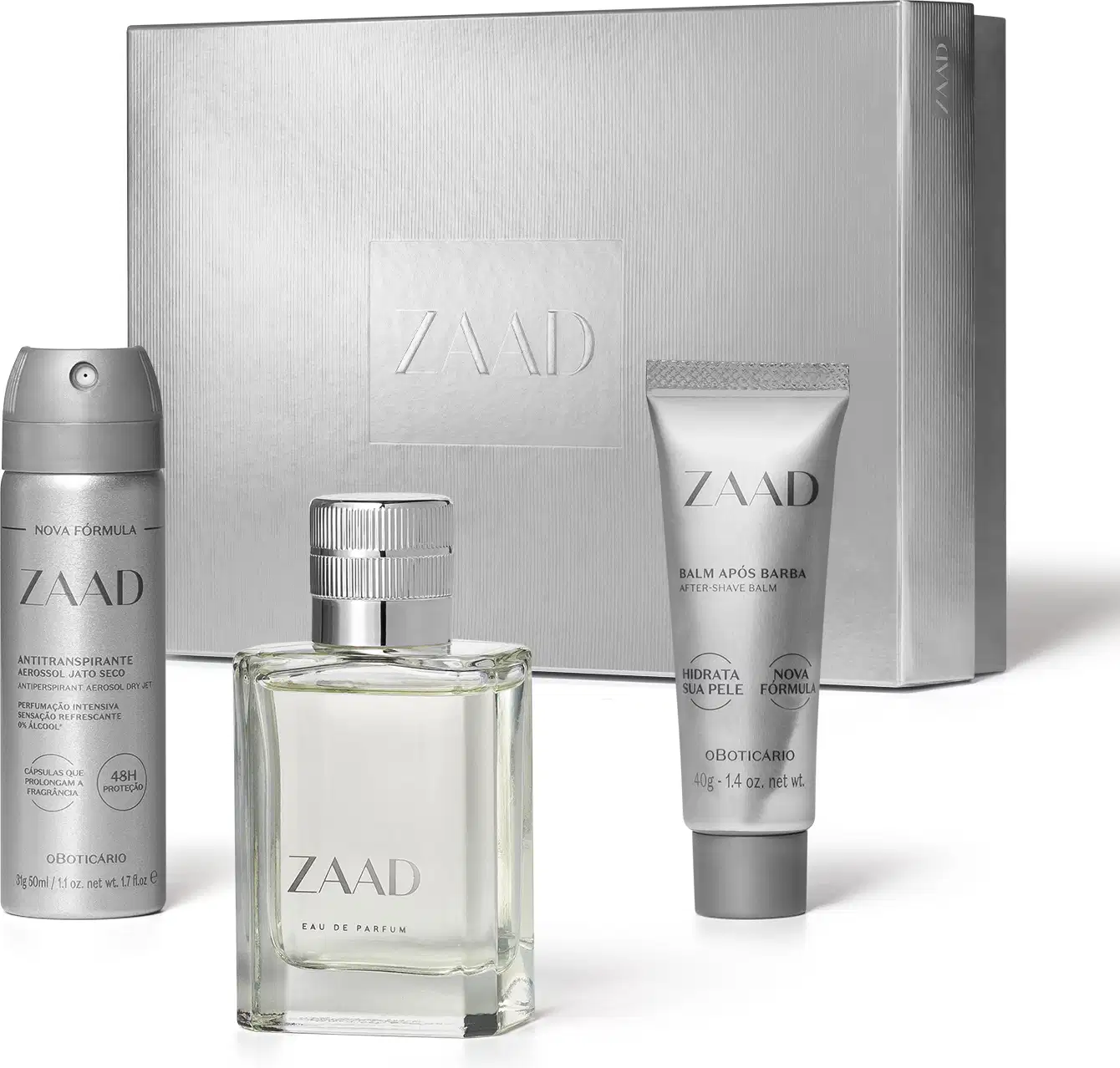 Conjunto de produtos da marca Zaad, incluindo um frasco de perfume, um desodorante em aerossol e um bálsamo pós-barba, todos em embalagens prateadas com o logotipo da marca.