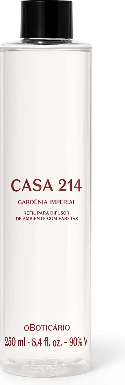 Imagem de um frasco transparente, tampa preta e rótulo com texto "CASA 214 GARDÊNIA IMPERIAL" em marrom, contendo 250 ml de fragrância para difusor de ambiente.