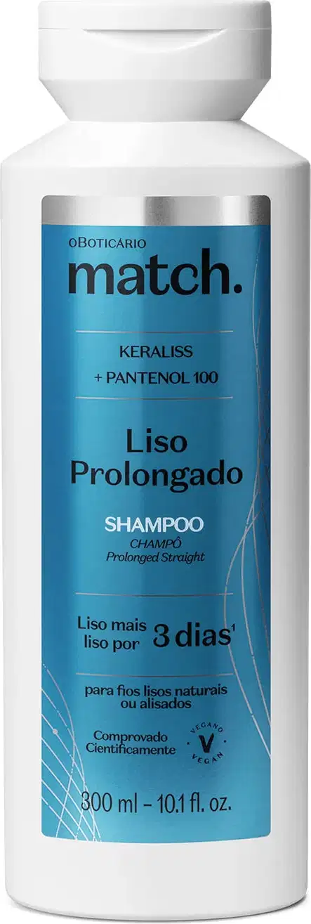 Imagem de um frasco branco de shampoo da marca Match. O rótulo azul metalizado com detalhes prateados contém informações sobre o produto "Liso Prolongado" e ingredientes como Keraliss e Pantenol 100. As informações estão em letras brancas e pretas.