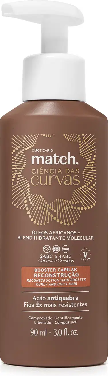 Imagem de frasco marrom com bomba doseadora branca contendo um booster para reconstrução capilar da marca Match, com rótulo em letras brancas e detalhes marrom destacando ingredientes e ação antiquebra.