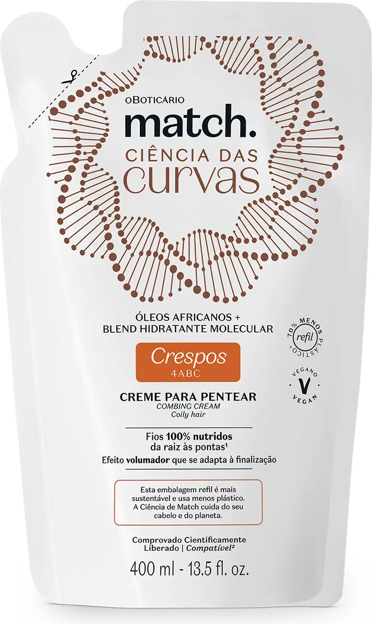 Imagem de embalagem refil branca de creme para pentear da marca Match, com design de círculos e linhas em marrom, informando "Ciência das Curvas" e "Crespos 4ABC" no rótulo.