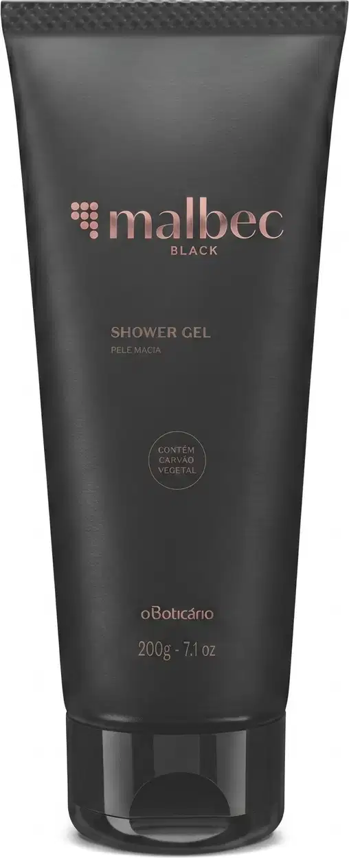 Frasco de gel de banho da marca Malbec Black indicado para cabelo e corpo, com embalagem preta fosca e texto escrito rosa, contendo 200g do produto.