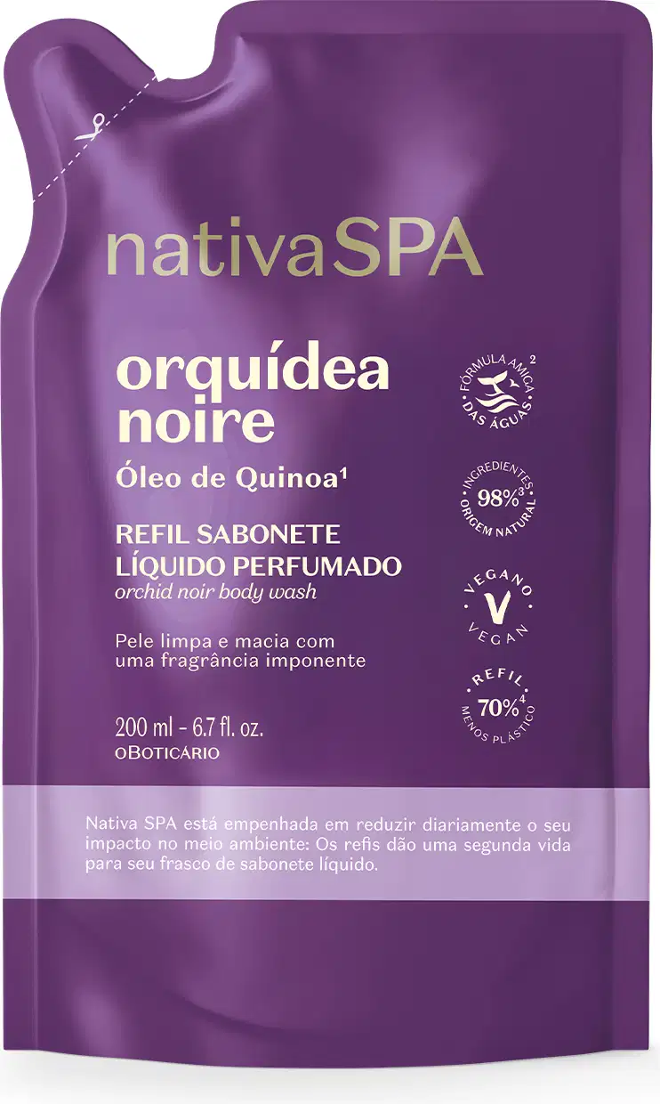 Imagem de um refil de sabonete líquido perfumado da marca Nativa SPA Orquídea Noire, com embalagem flexível de 200ml de cor roxa e texto em amarelo informando a fragrância e o ingrediente principal.