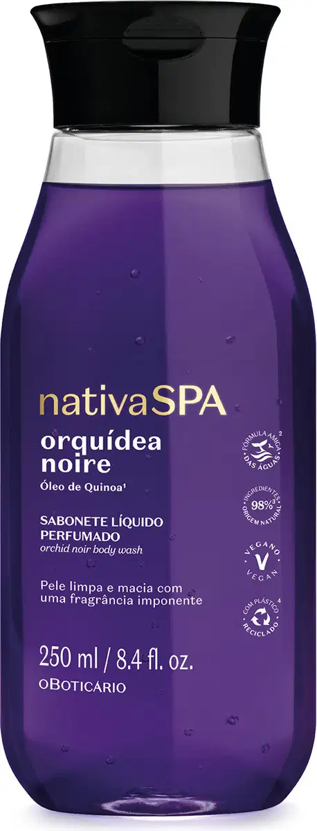 A imagem mostra um frasco de sabonete líquido perfumado Nativa SPA Orquídea Noire, na cor roxa, tampa preta e com rótulo destacando o nome e informações sobre o produto em letras douradas.