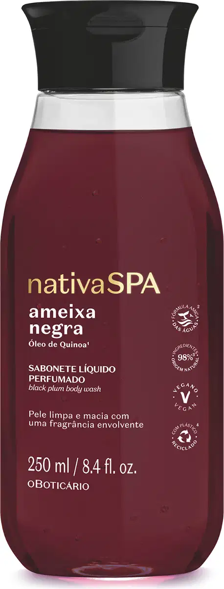 A imagem mostra um frasco de sabonete líquido Nativa SPA Ameixa Negra, na cor vinho, com rótulo e informações em dourado. O produto possui tampa preta e embalagem de 250ml.