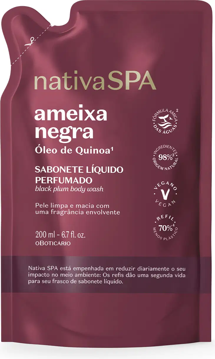 Imagem de embalagem refil de sabonete líquido perfumado da marca Nativa SPA, na cor vinho, com rótulo destacando o nome "Ameixa Negra" e informações sobre o óleo de quinoa na fórmula.