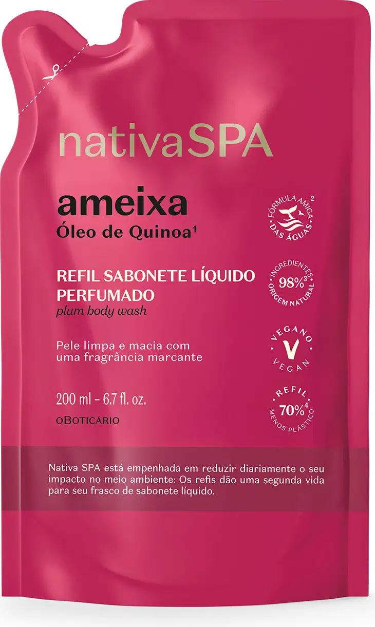 Imagem de refil de 200ml contendo sabonete líquido perfumado da marca Nativa SPA Ameixa, em embalagem de sachê flexível de cor rosa vibrante, com texto destacado em letras amarelas, pretas e brancas.