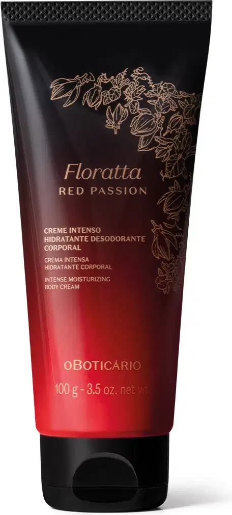 Imagem de uma bisnaga com degradê de preto e vermelho, tampa preta e rótulo dourado contendo 100g de creme intenso hidratante corporal da marca Floratta Red Passion.