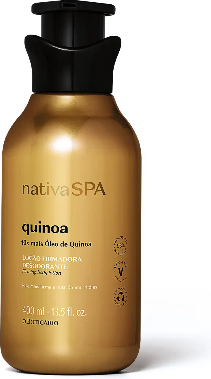 Imagem de um frasco de loção firmadora corporal da marca Nativa SPA Quinoa. A embalagem de 400ml é dourada, possui tampa preta e rótulo impresso em letras brancas e pretas 