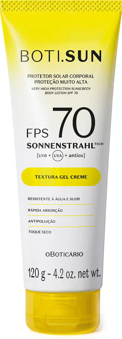 Protetor solar corporal Boti.Sun com FPS 70. Embalagem em tubo plástico amarelo e branco. Textura gel creme. Contém 120g. Rótulo com informações sobre proteção solar muito alta, tecnologia Sonnenstrahl com proteção UVB, UVA e antioxidante.