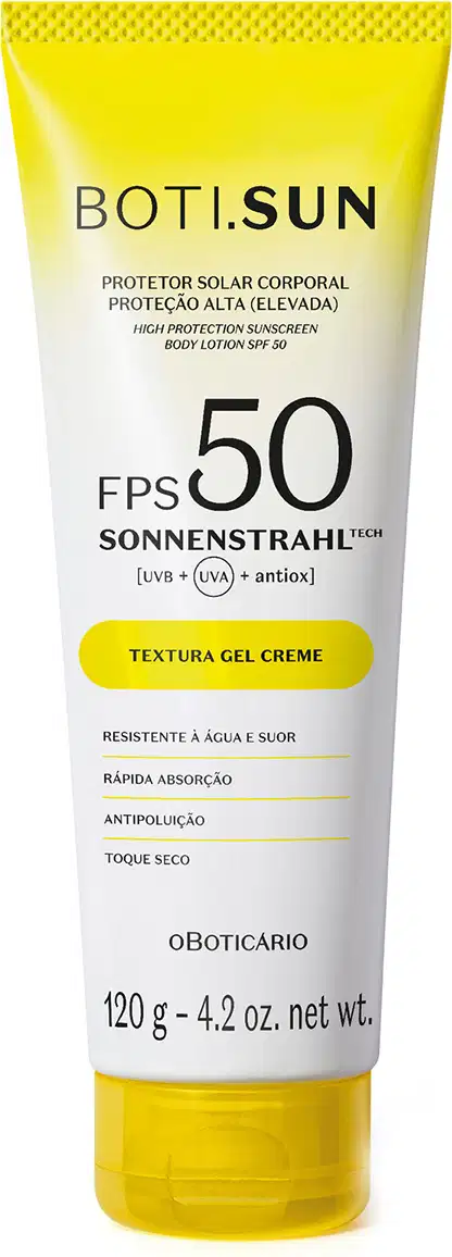 Protetor solar corporal de proteção alta (FPS 50) da marca Boti Sun. Embalagem em tubo plástico amarelo e branco, com letras pretas. Peso líquido de 120g. Contém proteção UVB, UVA e antioxidante. Rótulo com informações do produto em português.