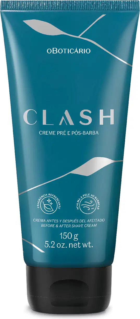 Bisnaga de creme pré e pós-barba da marca Clash, em tom azul-esverdeado com tampa preta, com texto em branco destacando o nome do produto.
