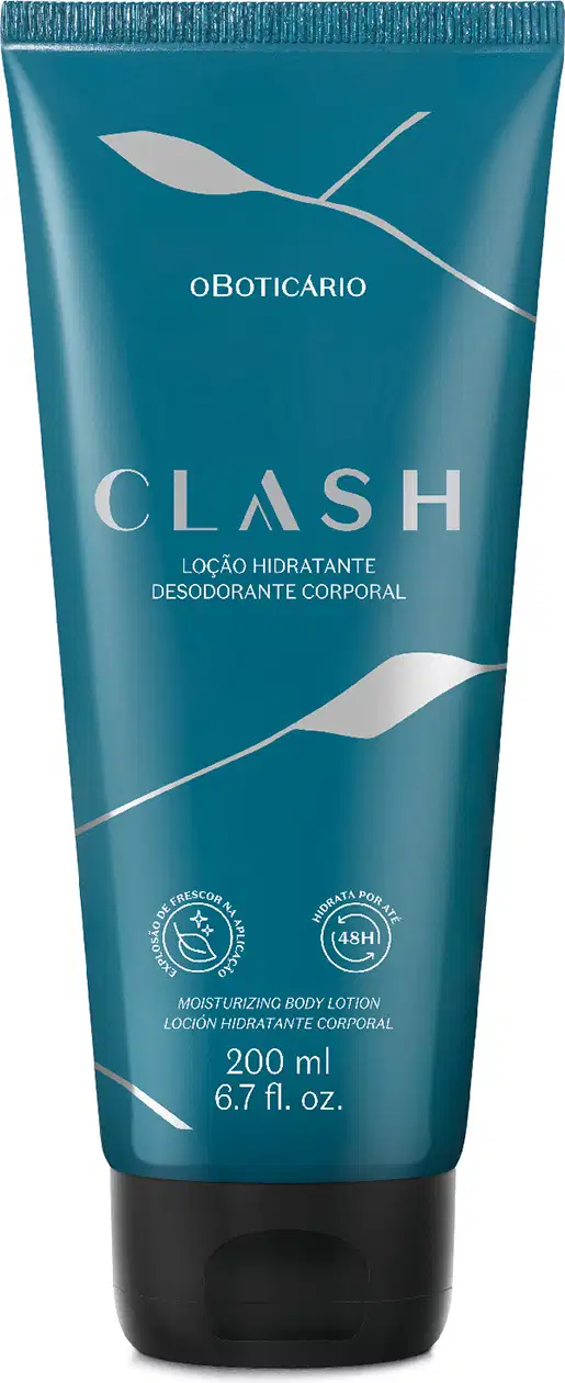 Bisnaga de creme hidratante desodorante da marca Clash, em tom azul-esverdeado com tampa preta, com texto em branco destacando o nome do produto.