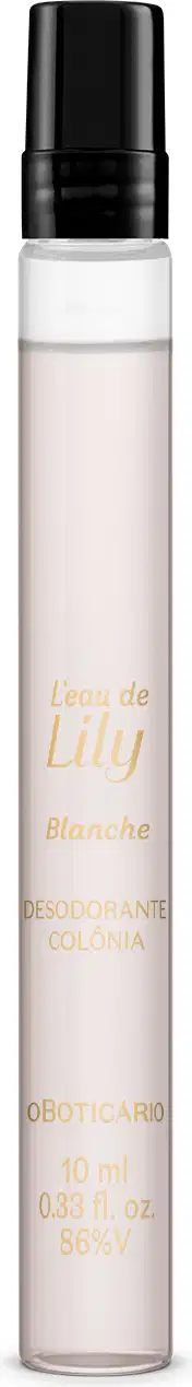 Frasco compacto e transparente de 10ml de L`eau de Lily Blanche Desodorante Colônia, com texto dourado contendo líquido transparente e tampa borrifadora preta.