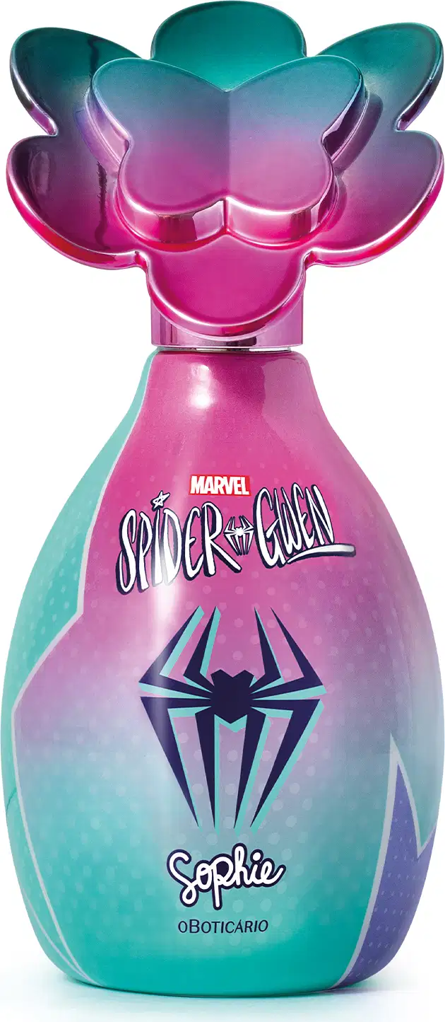 Frasco de colônia infantil da marca Sophie em parceria com Marvel Spider-Gwen, com tampa em formato de flor com pétalas coloridas em tons de rosa, roxo e azul-turquesa, com logotipo de aranha no centro.