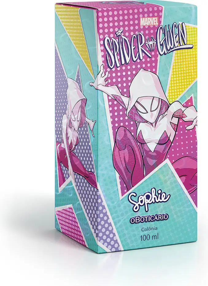 Caixa de item de perfumaria da marca Sophie Spider-Gwen, com design colorido e estampado de pontos, formas geométricas e ilustração da personagem em estilo quadrinhos.