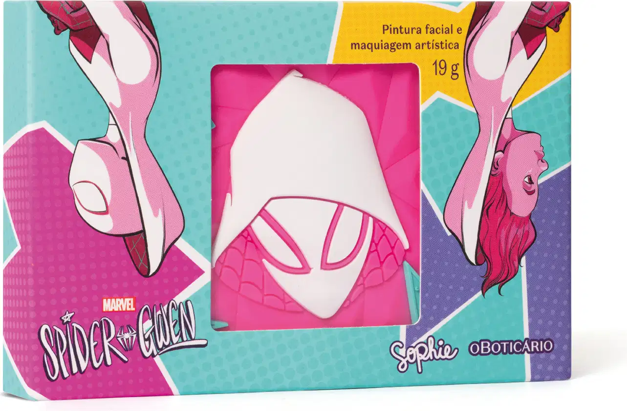 Caixa de maquiagem multifuncional da marca Sophie Marvel Spider-Gwen, com embalagem predominantemente rosa e azul com detalhes em roxo e amarelo e ilustrações da personagem em estilo de quadrinhos.