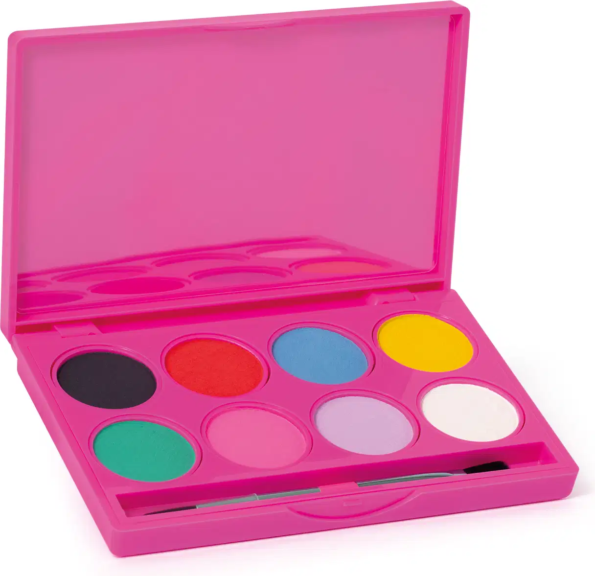 Paleta de maquiagem multifuncional com embalagem rosa e 8 tons vibrantes de maquiagem, espelho na tampa e pincel aplicador.