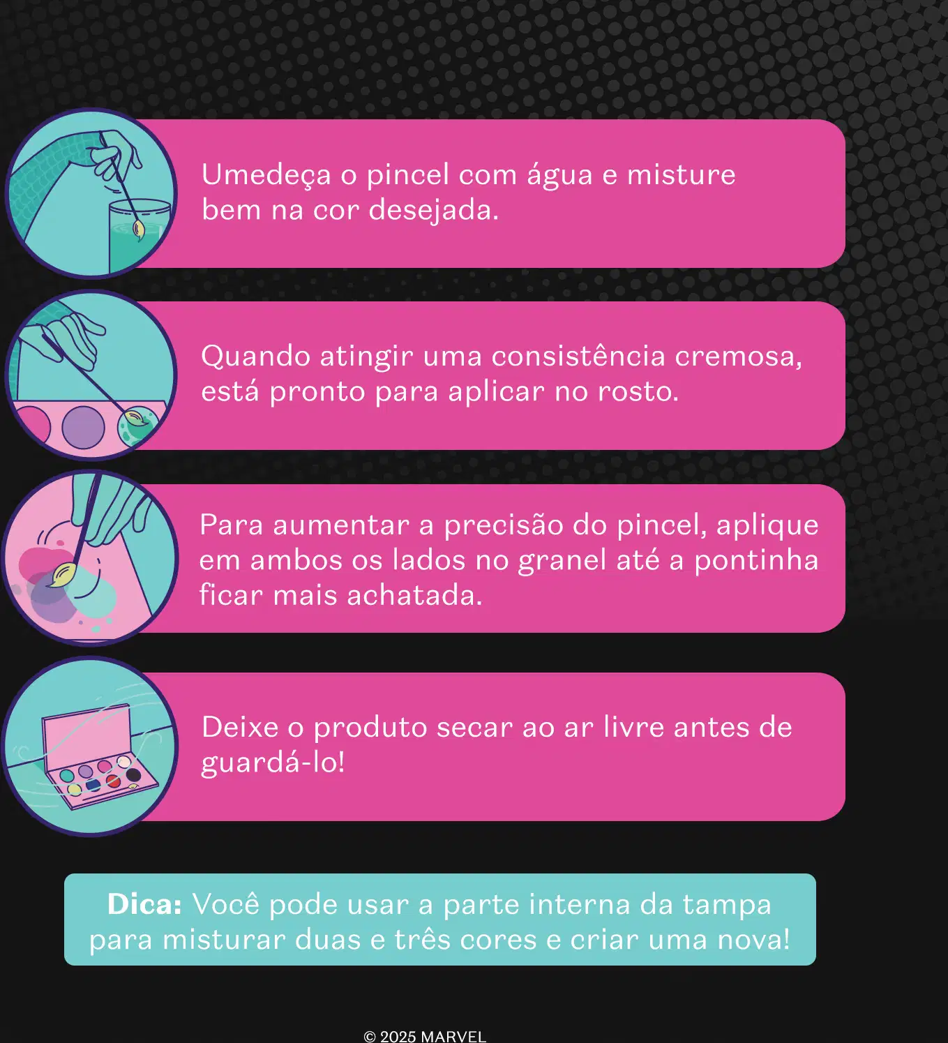Imagem de instruções de uso da maquiagem multifuncional Sophie em 4 passos com textos e ilustrações sobre como aplicar o produto corretamente, incluindo dicas sobre o uso do pincel e a secagem do produto antes de guardá-lo.