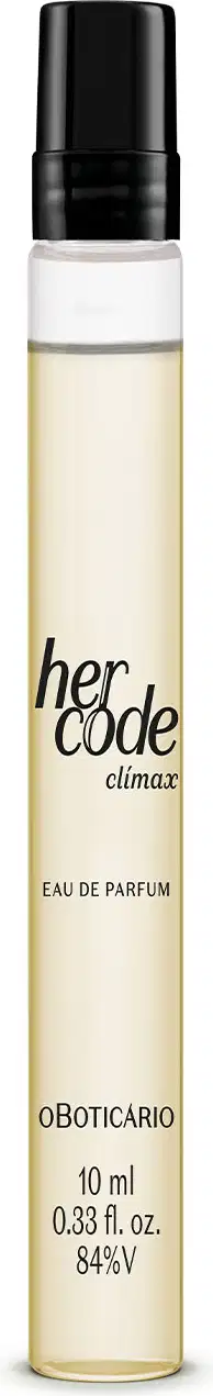 Frasco de perfume Her Code Climax, com 10 ml de conteúdo, embalagem preta e branca, com rótulo destacando o nome da marca e a descrição "Eau de Parfum".