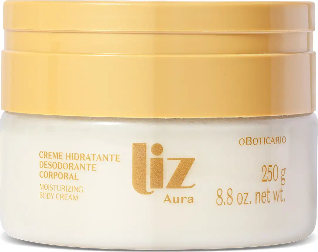 Pote transparente de creme hidratante corporal da marca Liz Aura, com creme branco, tampa dourada e rótulo em dourado, contendo 250g do produto.