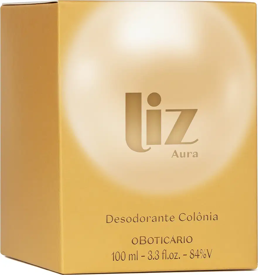 Caixa dourada com logotipo "Liz Aura" e detalhes em branco contendo desodorante colônia em embalagem de 100 ml.