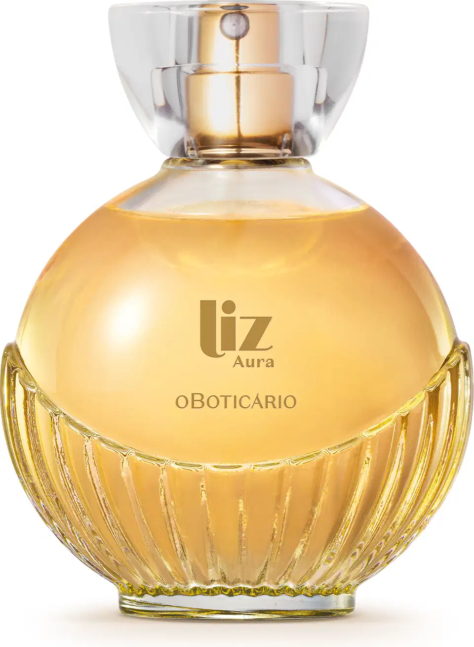 Frasco de vidro contendo 100ml de desodorante colônia da marca Liz Aura, com formato arredondado e detalhes em dourado, contendo líquido âmbar em seu interior.