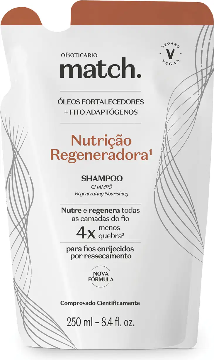 Imagem de um refil de shampoo da marca Match. Nutrição Regeneradora. A embalagem em forma de sachê é na cor branca com detalhes laranja e letras pretas, trazendo 250ml de produto.