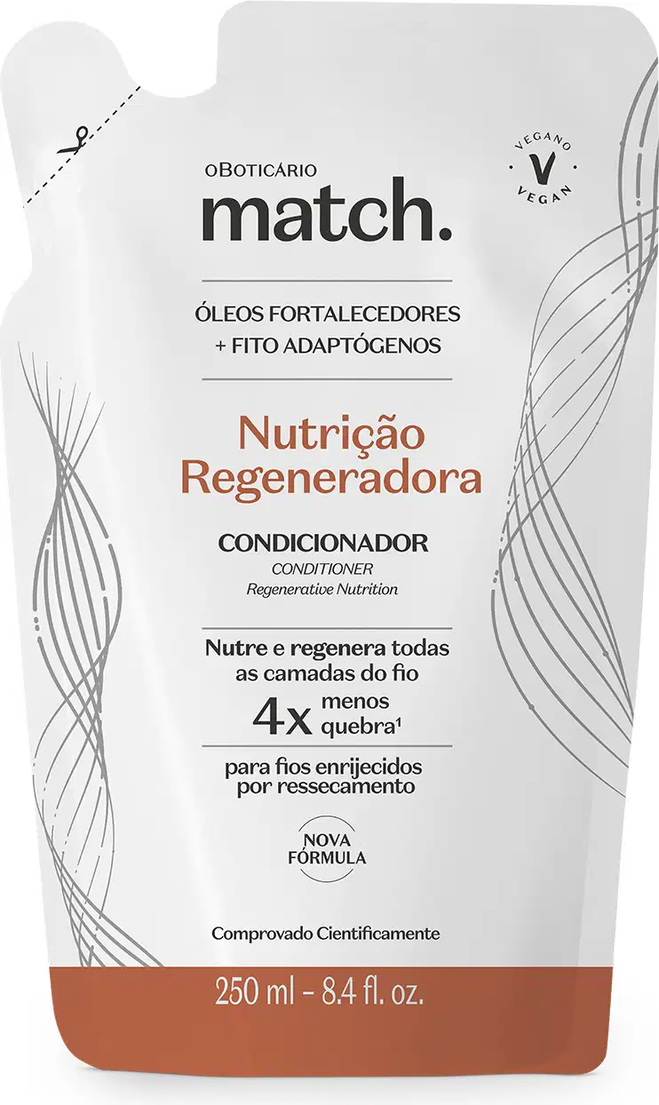 Imagem de um refil em sachê branco com detalhe laranja e letras pretas contendo 250ml de condicionador da marca Match. Nutrição Regeneradora.