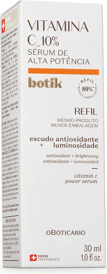 Imagem de uma caixa branca com letras marrom e detalhes em laranja que contém o refil de sérum de alta potência Botik Vitamina C.