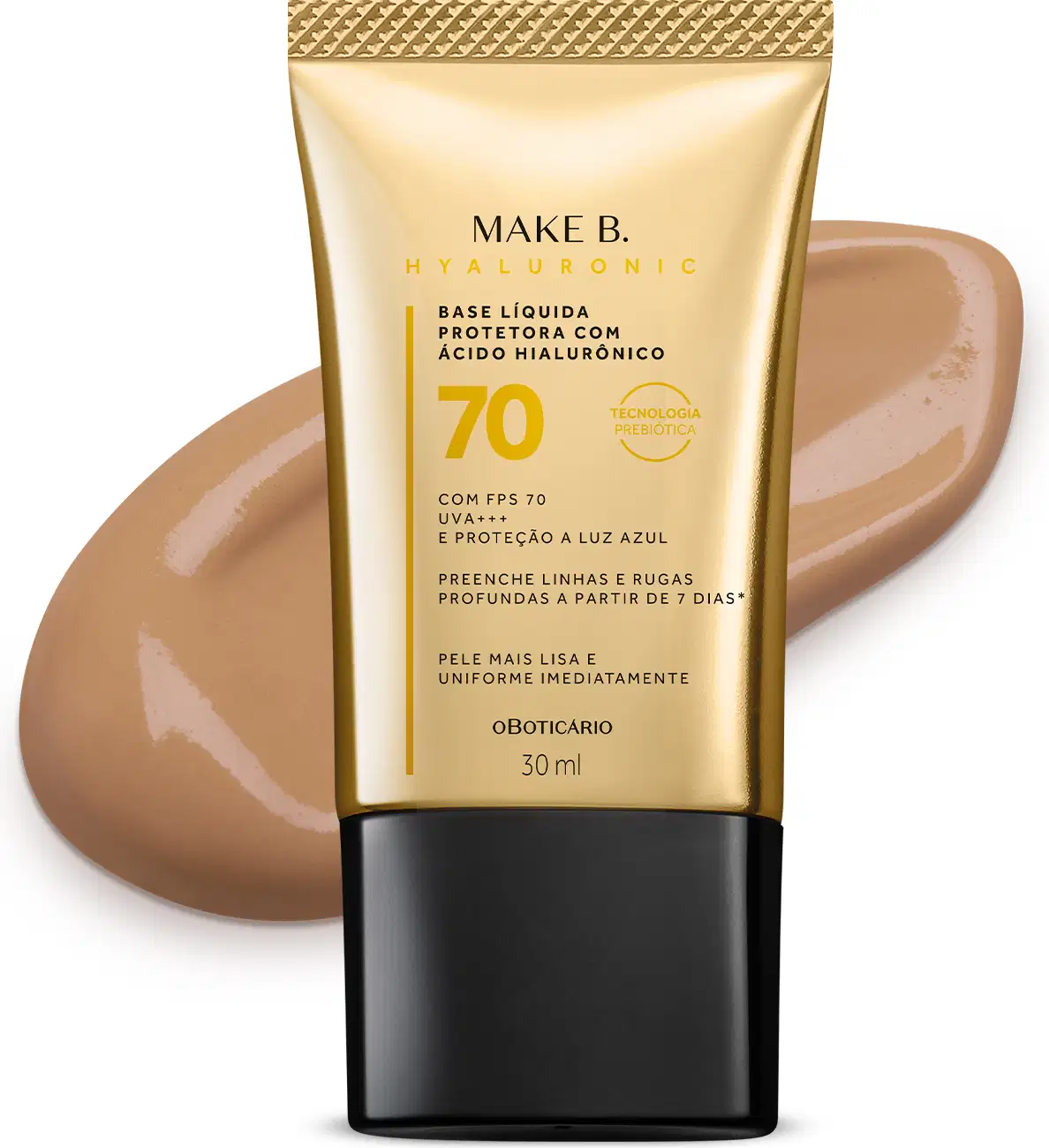 Imagem do tubo de base líquida protetora Make B. Hyaluronic Cor 25. Ele é dourado, possui tampa preta e informações em letras pretas e laranja. Atrás da embalagem está a textura do produto, mostrando sua intensidade e a real cor da base.